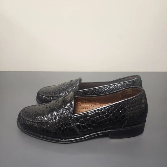 Magnanni Black Crocodile Leather Penny Loafers Shoes Size 8
